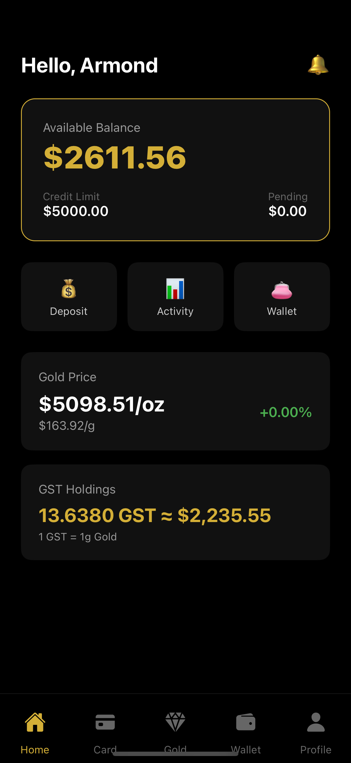 Digital Gold Home Screen